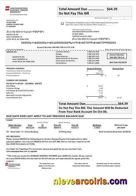 USA Louisiana AEP (Southwestern Electric Power Company) electricity business utility bill